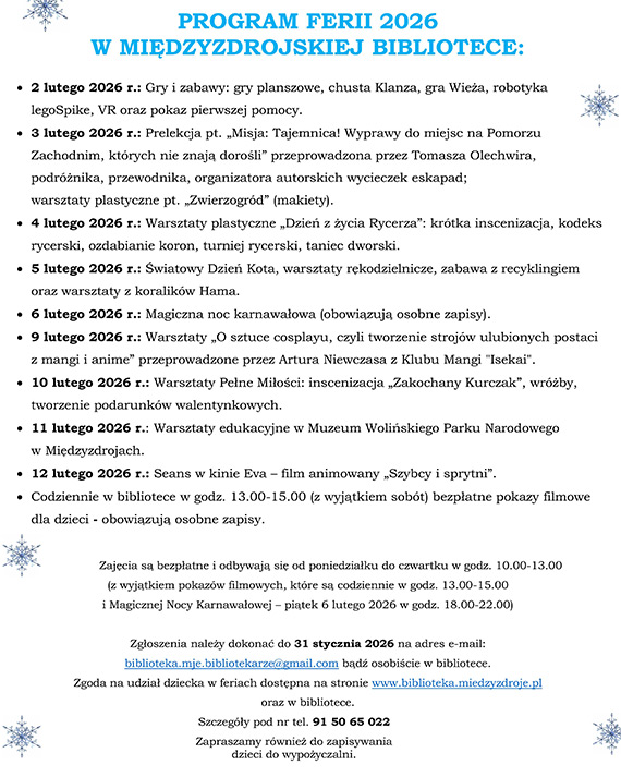 Ferie zimowe 2026 w Mi�dzyzdrojskiej Bibliotece. Bogaty program zaj�� dla dzieci